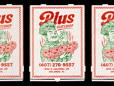 Plus Skateshop design drawing graphic design illustration italian pizza pizza box plus skateshop retro skateboard stamp texture travis pietsch vintage woodcut