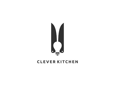 CLEVER KITCHEN clever cook food and drink idea kitchen knife knives lightbulb logo design minimalist negative space restaurant smart think