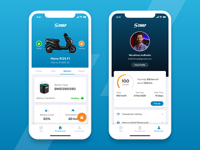 Motorcycle Detail and My Account screens for SWAP account ios motorcycle profile swap ui ux