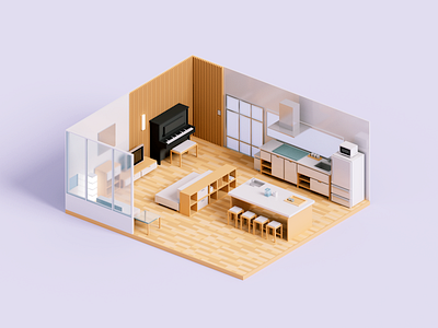 Living Room 3d architecture illustration minimal render voxel voxelart