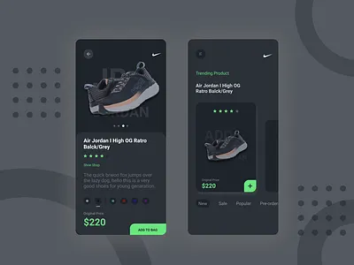 Shoe selling DARK theme app (UI Design) android app app app design app designer application mobile app design mobile ui software design ui ux ui desgin ui designer wonderful ui