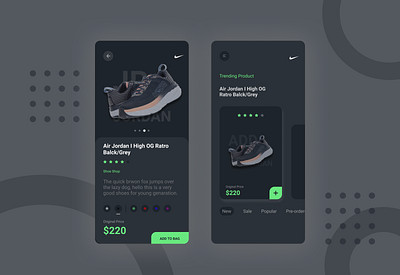 Shoe selling DARK theme app (UI Design) android app app app design app designer application mobile app design mobile ui software design ui ux ui desgin ui designer wonderful ui