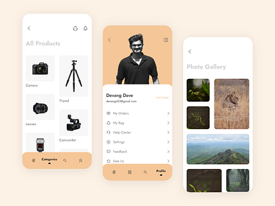 E-commerce App : Products, Profile & Gallery categories category app explore gallery jungle my bag orders photography photography branding photos profile profile card profile page settings ui user experience user inteface user interface design userresearch wildlife