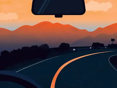 On the road afternoon car gradient illustration mountain orange roadtrip sunset travel vector