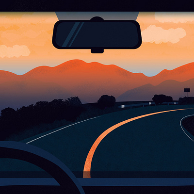 On the road afternoon car gradient illustration mountain orange roadtrip sunset travel vector