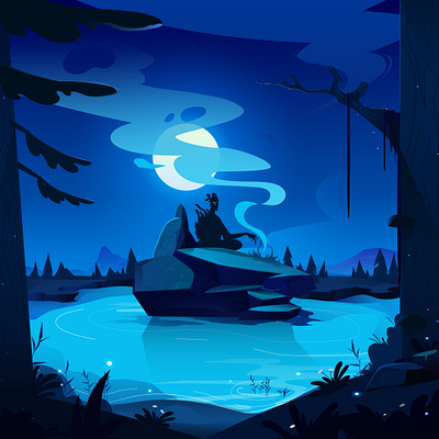 The hermit of the lake 2d alien background cartoon character design colors concept creature forest gradient hermit illustration lake monk mysterious night river rocks smoke vector