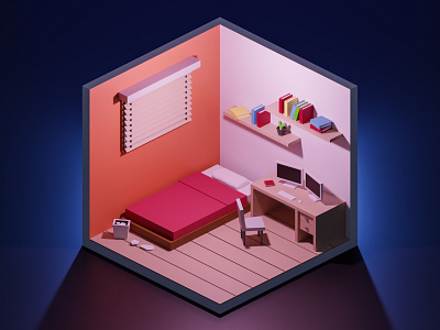 Low Poly Room 📚 3d bed bedroom bin blender book cactus chair design diorama illustration isometric low poly lowpoly lowpolyart render room shelves table tutorial