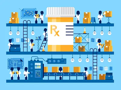 Supply Chain assembly line blueprint construction conveyor belt doctor factory instructions machine manufacturing med medical medicine packages pharmacy pills supply chain