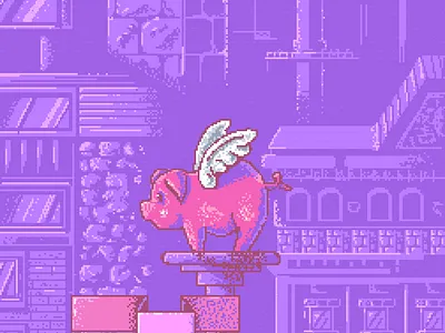 Nora Invite: Pig Pedestal baby baby announcement buildings flying pig illustration pig pixel pixel art pixelart print print illustration