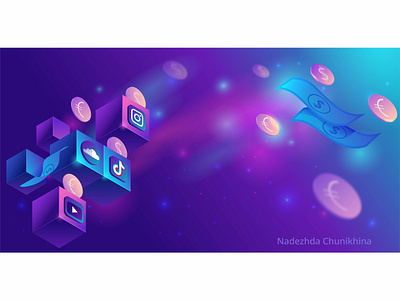 Social media icons 3d banner ad blue design gradient illustration isometric purple social media vector vector illustration violet