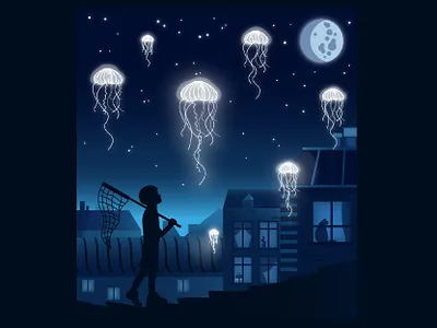 Night art boy character design city illustration jellyfish landscape moon night sky vector