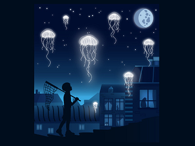 Night art boy character design city illustration jellyfish landscape moon night sky vector