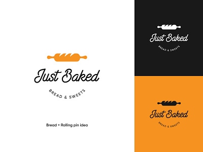 just baked logo 2 bakery bakery logo bread lettering logo organic pastry rolling pin wheat wheat logo wordmark wordmark logo yellow