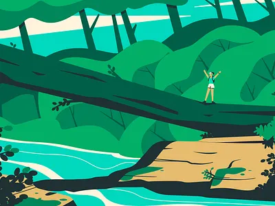 Hiking in the forest character flat forest hiking illustration nature plants river trees vector woman