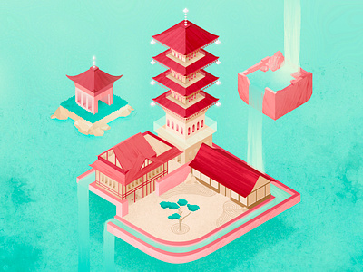 GlobeTrotters : Kyoto design headspace illustration illustration for motion isometric japan kyoto landscape meditation peaceful river school of motion temple water waterfall