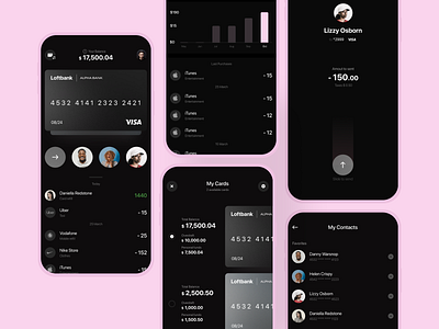 Mobile Banking UI bank app cards contacts credit cards dark banking dark fintech dark theme dark theme ui finance finance app fintech fintech app graphs mobile banking mobile banking app money money sending spendings transactions