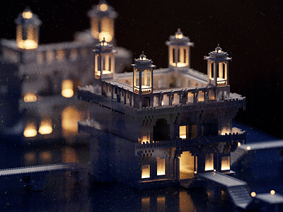 Night 3d architecture illustration minimal temple voxel