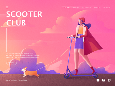 Scooter Club bush cloud club coat of arms corgi dog dusk girl illustration leasure mountain photoshop scooter sky sport sunset web web design