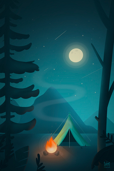 Illustration - Wishing Upon the Stars art camping concept art environment firecamp flat design illustration landscape