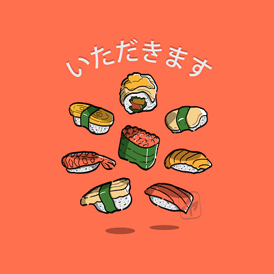 Sushi 'n Friends art branding design fish flat flat design food icon illustration japan japanese lettering logo minimal pastel sashimi sushi typography vector