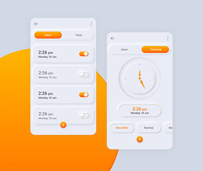 Neumorphism add on alarm animation app branding clock colors dropshadow gradient graphicdesign inner shadow neumorphic neumorphism toggle button ui uidesign web