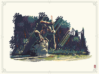 Fishing [pixel art] 16bit 8bit aseprite editorial illustration fish fishing game art game development game illustration hunter illlustration jungle pixel art pixelart pixels prehistoric primal river spear trident