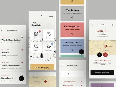 Wine events and festivals application app design awsmd cards ui colors dashboard ecommerce events graphics illustration interaction interface design map minimal mobile product design profile ticket booking tickets ui ux