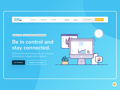 SIMcontrol Redesign branding design flickswitch hero illustration landing page simcontrol sketch ui