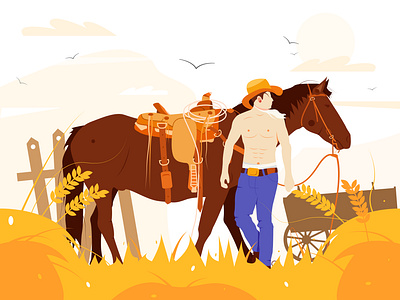 The illustration shows a cowboy with a horse. american animal country cowboy desert hat horse illustration landscape man mountain rodeo scene silhouette sky texas vintage west western wild