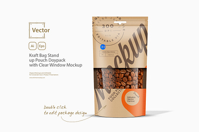 Kraft Paper Bag Stand up Pouch Doypack with Clear Window Mockup coffee craft bag design food illustration kraft kraft bag kraft pouch mock up mockup package packaging paper paper bag paper pouch pouch smart object stand up stand up pouch template