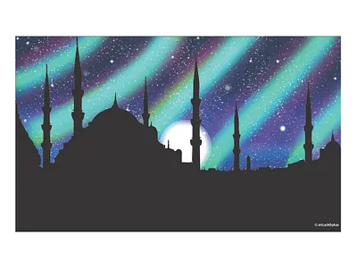 Blue mosque (Istanbul) and Aurora borealis aurora borealis blue digital art digital illustration digital painting illustration istanbul turkey