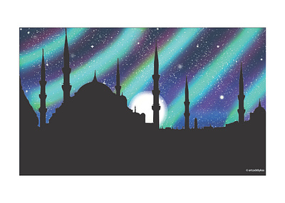 Blue mosque (Istanbul) and Aurora borealis aurora borealis blue digital art digital illustration digital painting illustration istanbul turkey