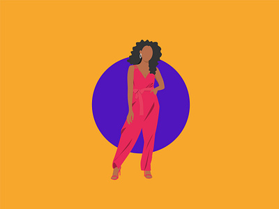 black hair girl standing with a pink jumpsuit with bright yellow background branding confident design flat girl illustration people people illustration powerful vector woman