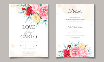 Elegant wedding invitation cards template with watercolor flower background card decoration decorative design elegant floral flower frame greeting illustration invitation invite leaf spring template vector vintage watercolor wedding