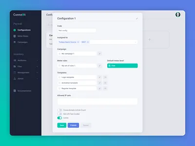 ConneXt Paywalling — Configuration interface paywall ui ux web