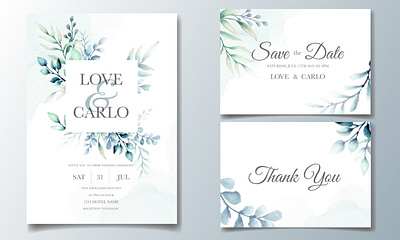 Elegant wedding invitation cards template with watercolor leaves background border bouquet card decoration decorative design elegant floral frame illustration invitation invite leaf spring template vector vintage watercolor wedding