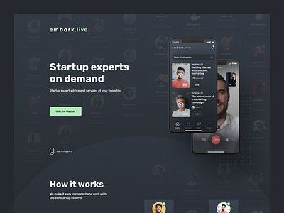 Embark Landing Page advice app chat design entrepreneur entrepreneurship expert experts landing landing page mobile mobile version screens startup videocall waitlist