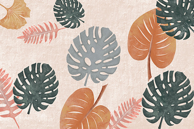 Tropical Leaves botanical digitial drawing green grey illustration leaf orange pink tropical tropical leaves warm palette