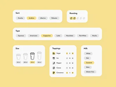 Daily UI 043 / Food/Drink Menu coffee coffee bean coffee cup coffeeshop components configurator constructor cup dailyui dailyui043 dashboard design figma icons menu menubar minimal mobile design ui uidesign
