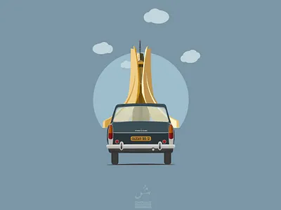 Maqam Echahid vintage illustration with the Peugeot 404 2d 2d art alger algeria algerie algiers algérie flat illustration makam chahid alger martyrs memorial minimalist mémorial du martyr مقام الشهيد