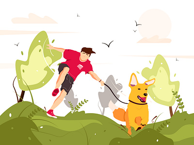 The illustration shows a guy who walks with a dog animal boy cartoon character child dog flat friend friendship graphic guy human leash man owner park person pet play young