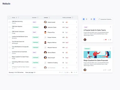 Reusable Data Tables buttons cards columns content data data table design system grid view list view management reusable status table