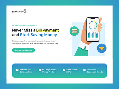 SameSidewalk Bill Pay Landing Page advertising bill pay bill payment branding budgeting campaign digital design emoji finance free trial illustration money ppc marketing samesidewalk ui unbounce ux