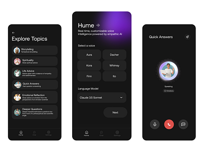 AI CALL - HUME.AI MOBILE APP ai app artificial intelligence black call app calling claude dark mode design emhaptic explore illustration incoming call mobile model openai red ui ux voice interface