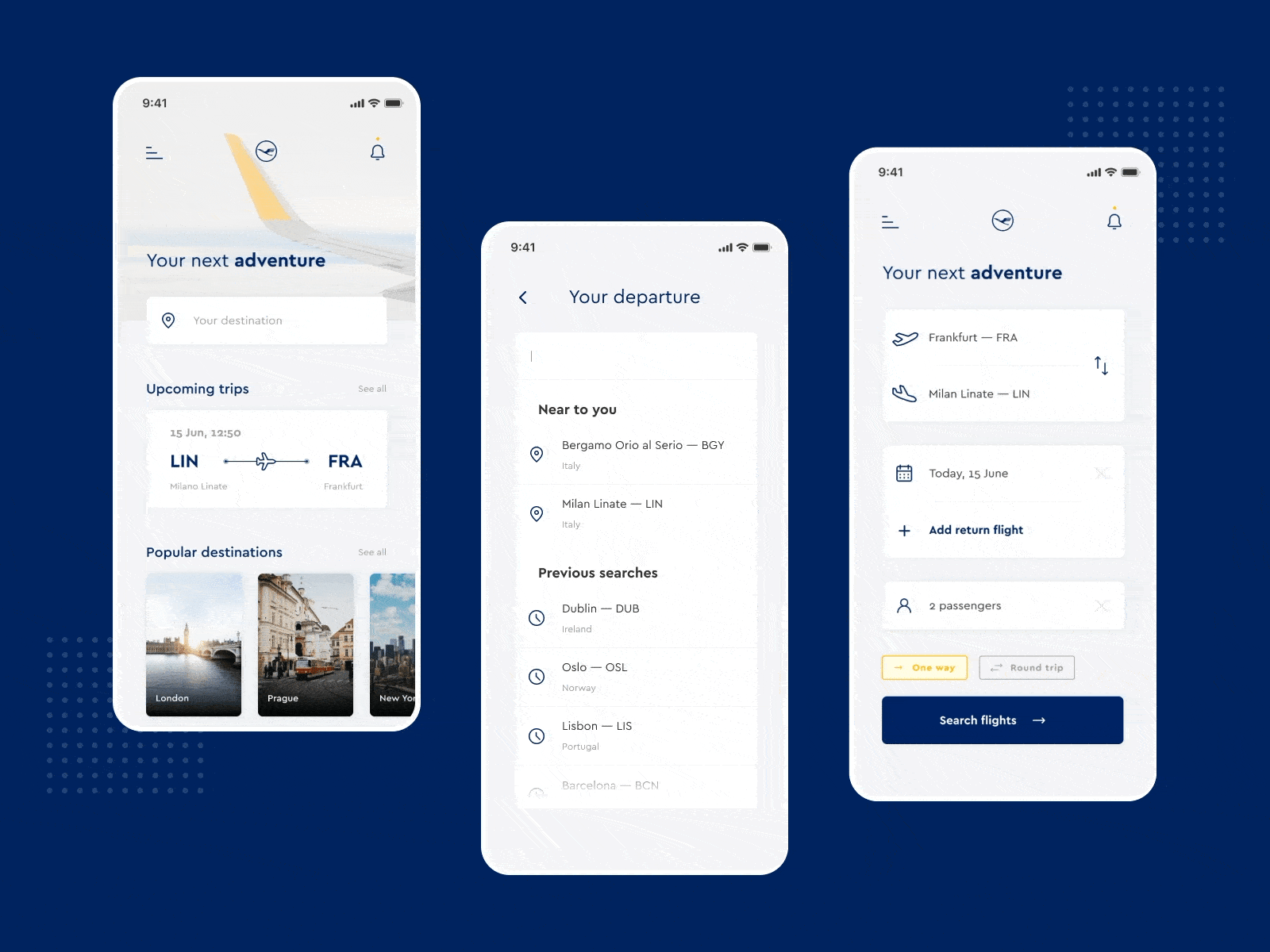 Lufthansa App — UI Design boarding boarding pass boardingpass dailyui flight flight app flight booking flight booking app flight search fly gif lufthansa ui design ui designs ui ux