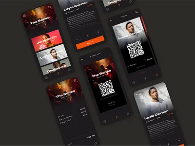 Concept bar app app cards cards ui concept concert dark theme dark ui mobile music payment qr code ui