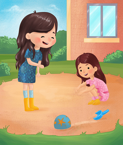 Happy Friends Playing outside in the sand on a sunny afternoon! best illustrations of 2020