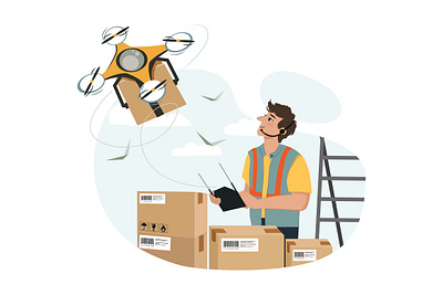 Young handsome man controls drone delivery box concept delivery design drone flat illustration interface ios material minimal parcel template theme vector web website