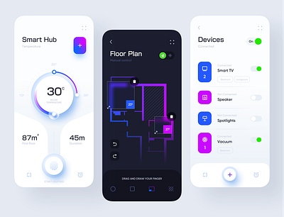 Smart Hub Application design app application design clean ui consumption design devices fingerprint floorplan home minimal mobile app neumorphic smart smarthome switch thermostat ui uiux ux