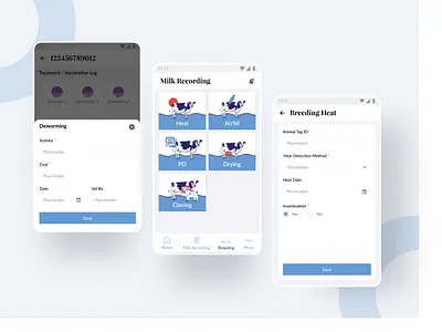 Farm 365 app Milk Recording & Breeding Screen androidui animalmanaagmentapp appui blue clean dairy farmerapp milk milkcollectionui minimalist uidesign uiux
